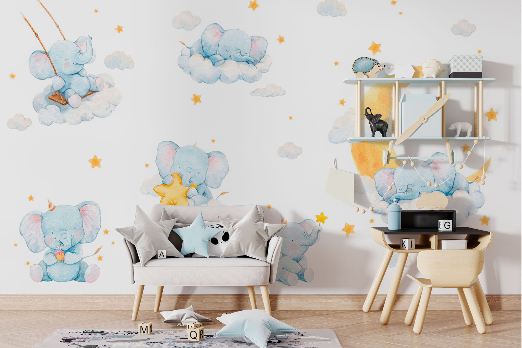 Group of elephants in clouds and stars