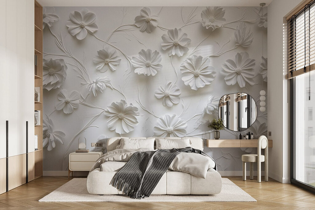 White paper flowers on a white surface White paper flowers on a white surface