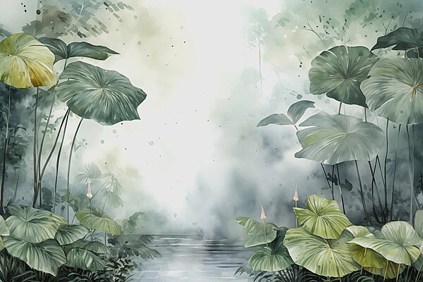 Painting of a pond with plants and water Painting of a pond with plants and water