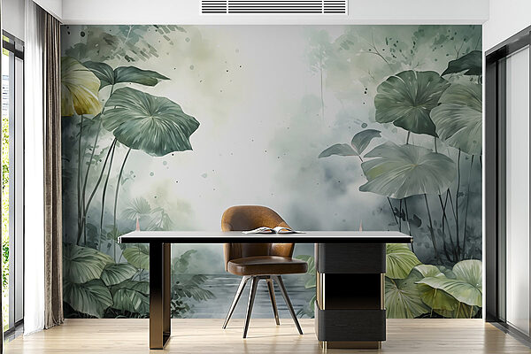 Painting of a pond with plants and water Painting of a pond with plants and water