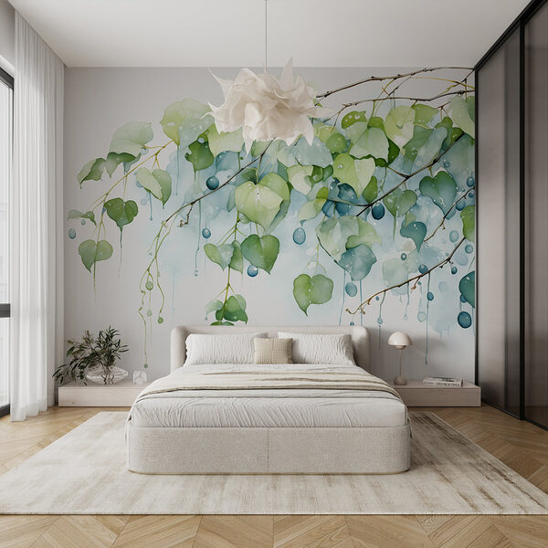 Watercolor painting of a branch with leaves and blue berries Wall murals Watercolor painting of a branch with leaves and blue berries