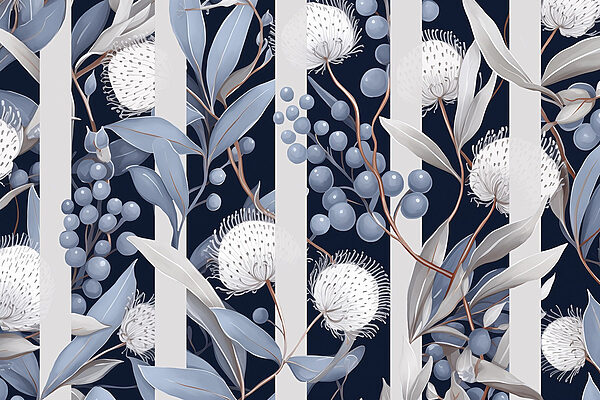 Floral pattern with blue and white flowers and leaves Floral pattern with blue and white flowers and leaves