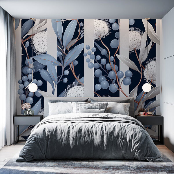 Floral pattern with blue and white flowers and leaves Floral pattern with blue and white flowers and leaves