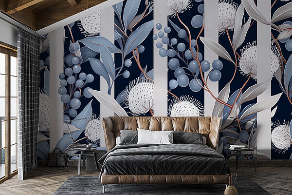 Floral pattern with blue and white flowers and leaves Floral pattern with blue and white flowers and leaves
