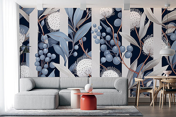 Floral pattern with blue and white flowers and leaves Floral pattern with blue and white flowers and leaves