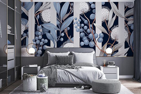 Floral pattern with blue and white flowers and leaves Floral pattern with blue and white flowers and leaves