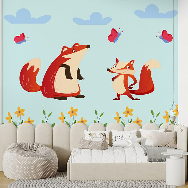 Cartoon of foxes and a butterfly Cartoon of foxes and a butterfly