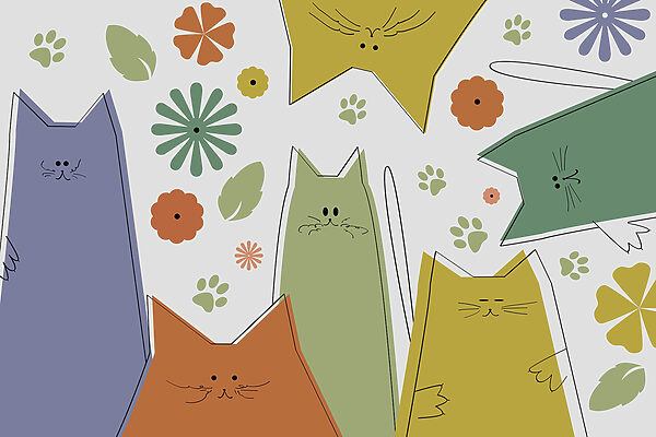 Group of cats with flowers and leaves Group of cats with flowers and leaves