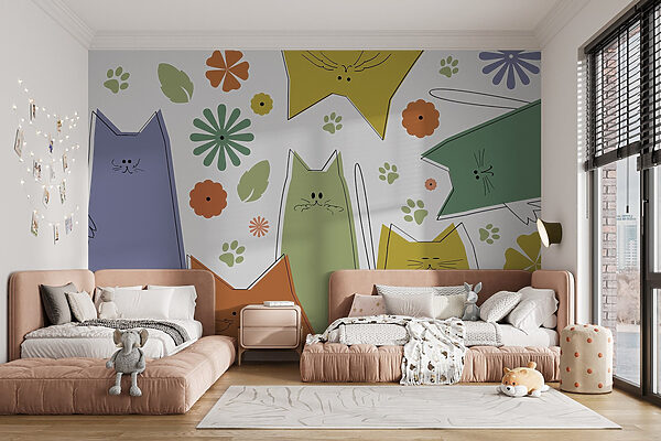 Group of cats with flowers and leaves Group of cats with flowers and leaves