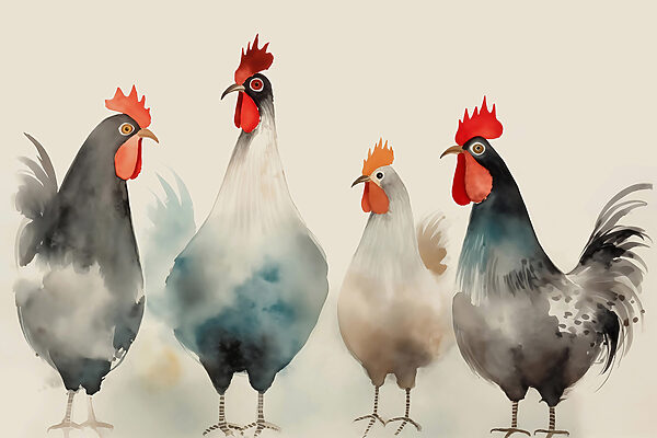 Group of chickens with red and white feathers Group of chickens with red and white feathers