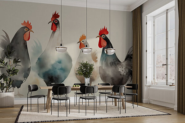 Group of chickens with red and white feathers Group of chickens with red and white feathers