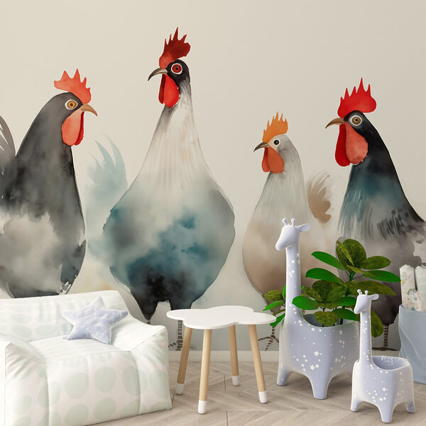 Group of chickens with red and white feathers Group of chickens with red and white feathers