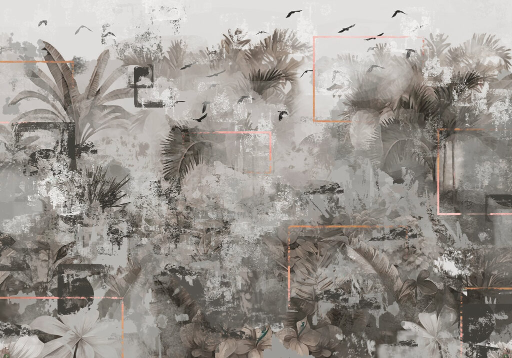 Grey and white wallpaper with birds flying around Grey and white wallpaper with birds flying around