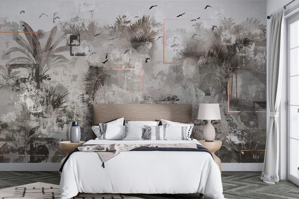 Grey and white wallpaper with birds flying around Grey and white wallpaper with birds flying around