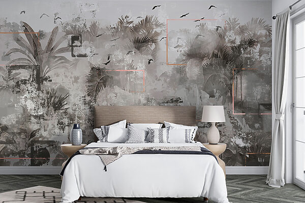Grey and white wallpaper with birds flying around Grey and white wallpaper with birds flying around