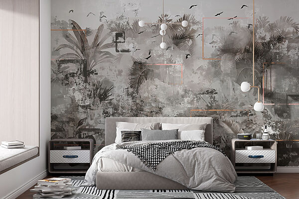 Grey and white wallpaper with birds flying around Grey and white wallpaper with birds flying around