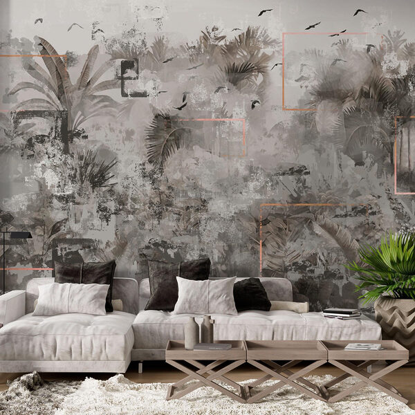 Grey and white wallpaper with birds flying around Grey and white wallpaper with birds flying around