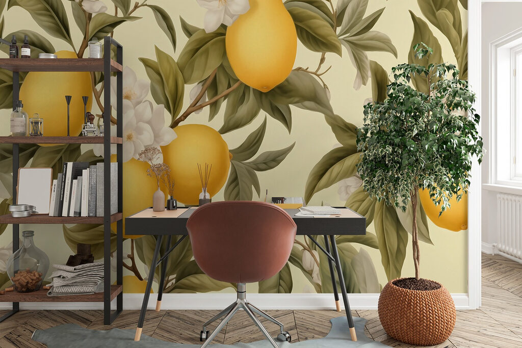 Wallpaper with lemons and flowers
