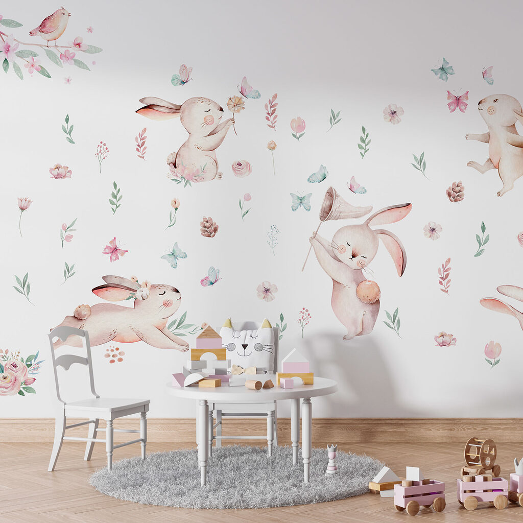 Group of rabbits with flowers and butterflies Group of rabbits with flowers and butterflies