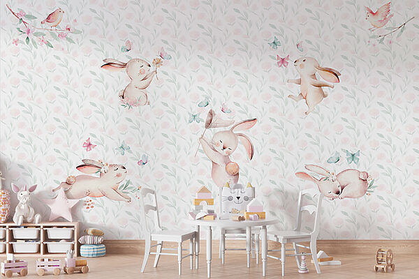 Pattern of watercolor bunnies and butterflies Pattern of watercolor bunnies and butterflies