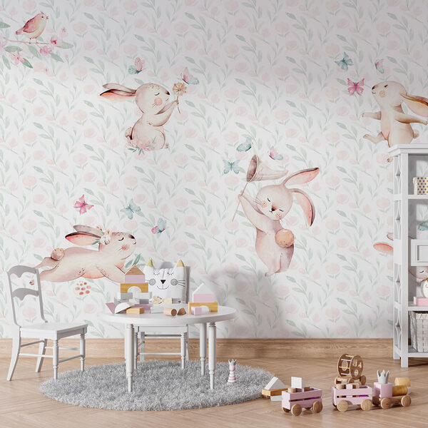 Pattern of watercolor bunnies and butterflies Pattern of watercolor bunnies and butterflies