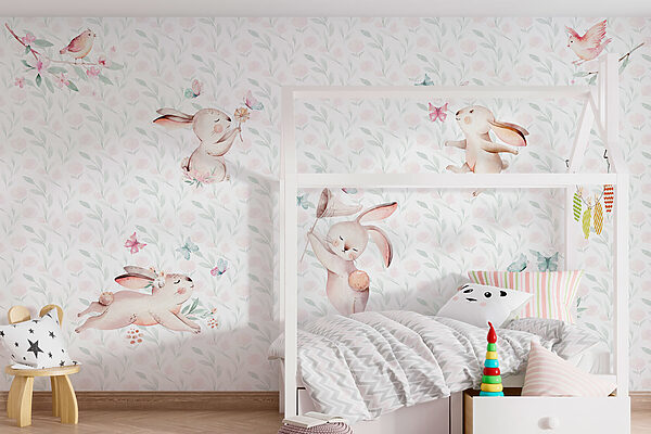 Pattern of watercolor bunnies and butterflies Pattern of watercolor bunnies and butterflies