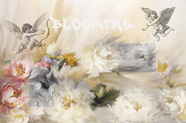 Painting of angels with a bow and arrow shooting flowers Painting of angels with a bow and arrow shooting flowers