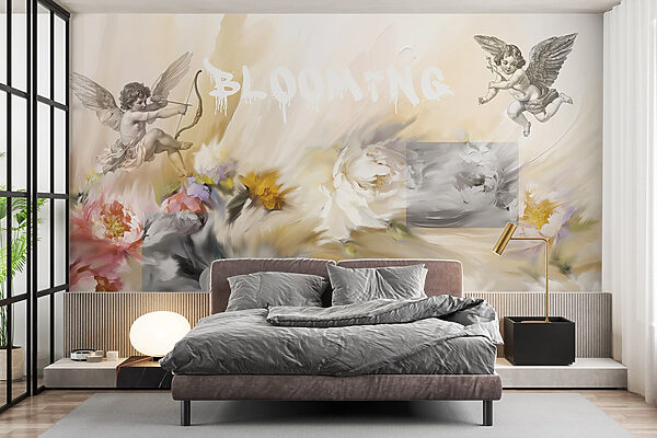 Painting of angels with a bow and arrow shooting flowers Painting of angels with a bow and arrow shooting flowers