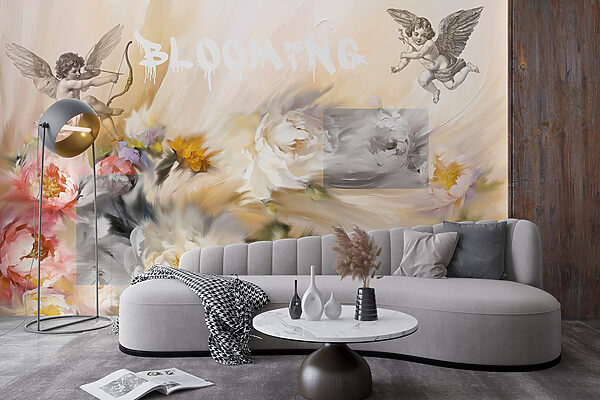 Painting of angels with a bow and arrow shooting flowers Painting of angels with a bow and arrow shooting flowers