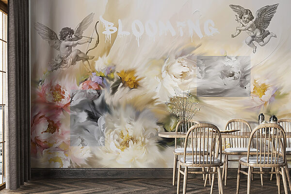 Painting of angels with a bow and arrow shooting flowers Painting of angels with a bow and arrow shooting flowers