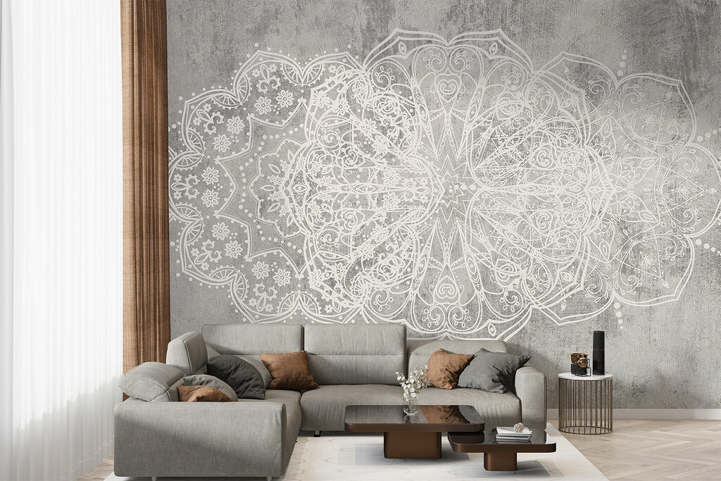 White ornate design on a grey surface White ornate design on a grey surface
