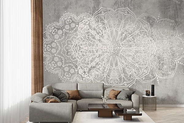 White ornate design on a grey surface White ornate design on a grey surface