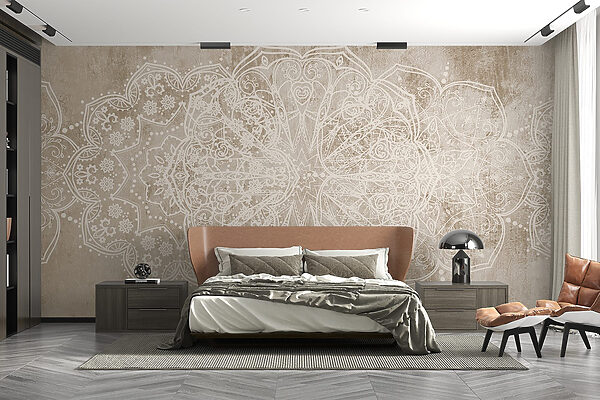 White ornate design on a brown surface White ornate design on a brown surface