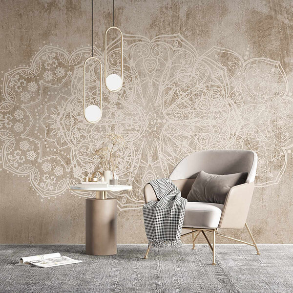 White ornate design on a brown surface White ornate design on a brown surface