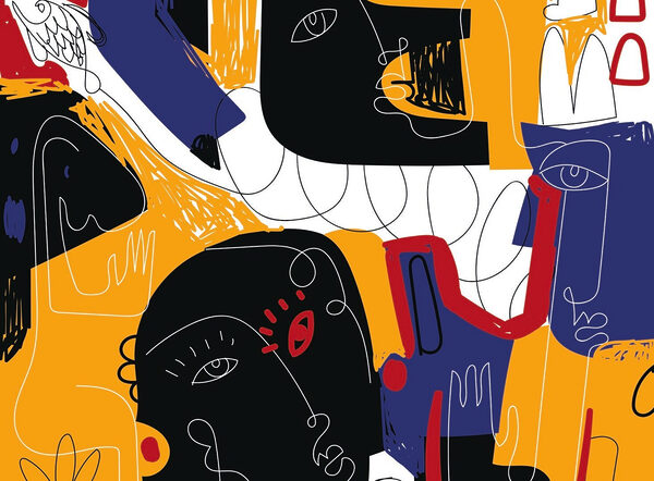 Colorful art with black and blue faces Colorful art with black and blue faces