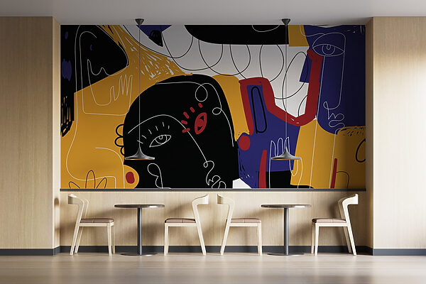 Colorful art with black and blue faces Colorful art with black and blue faces