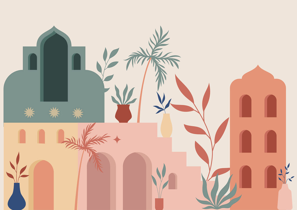 Colorful illustration of buildings and plants Colorful illustration of buildings and plants