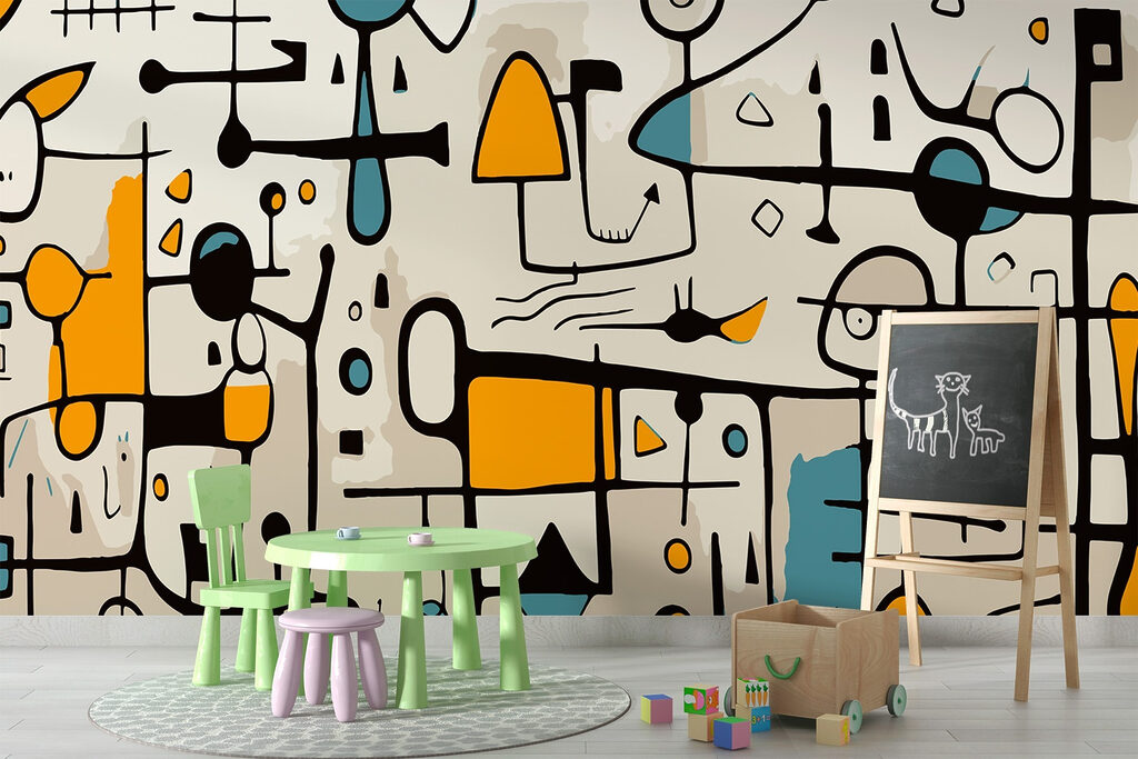 Colorful art piece with people and shapes Colorful art piece with people and shapes