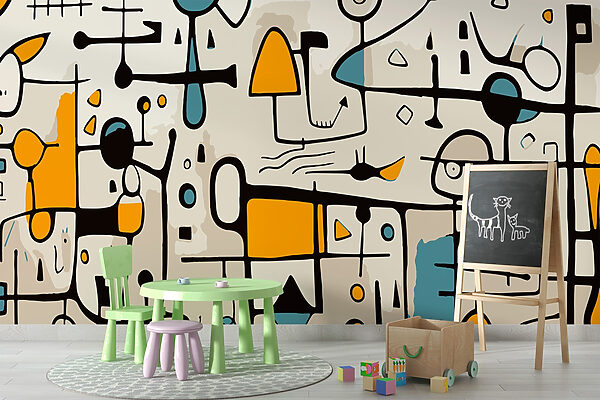 Colorful art piece with people and shapes Colorful art piece with people and shapes