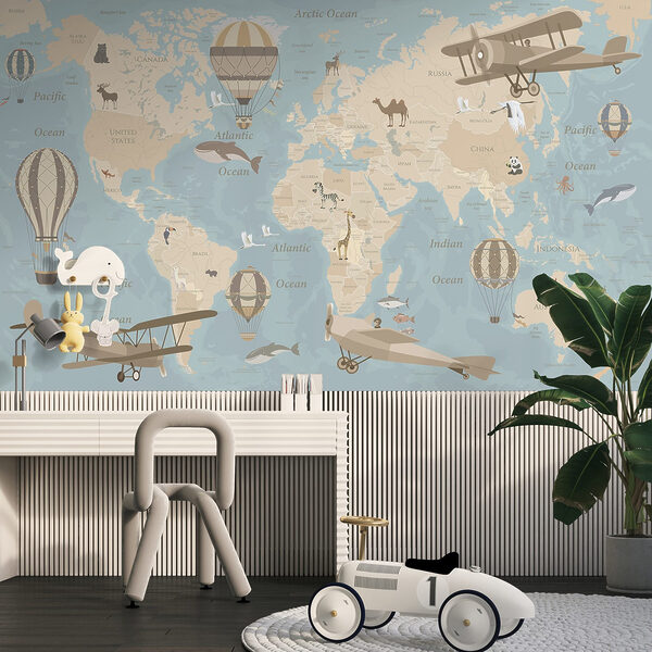 Wall murals Map of the world with airplanes and hot air balloons (SKU: u36066v5)