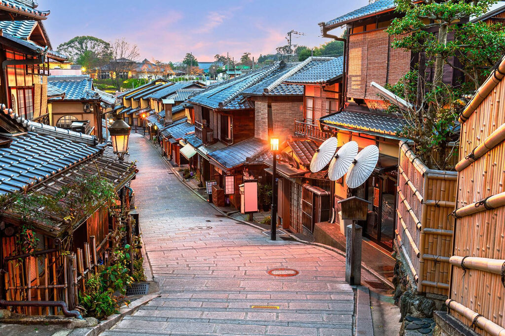 Street with buildings and lanterns Street with buildings and lanterns