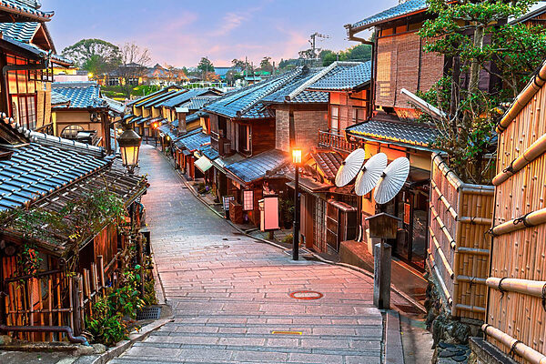 Street with buildings and lanterns Street with buildings and lanterns