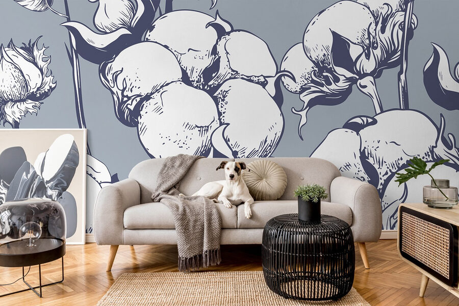 Wall murals Delicate cotton blooms on blue background