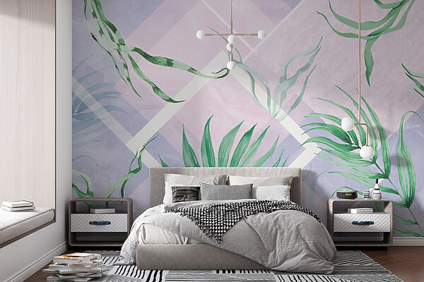 Wall murals Lush leaves on a pastel background (SKU: w01625) Wall murals Wall murals Lush leaves on a pastel background (SKU: w01625)