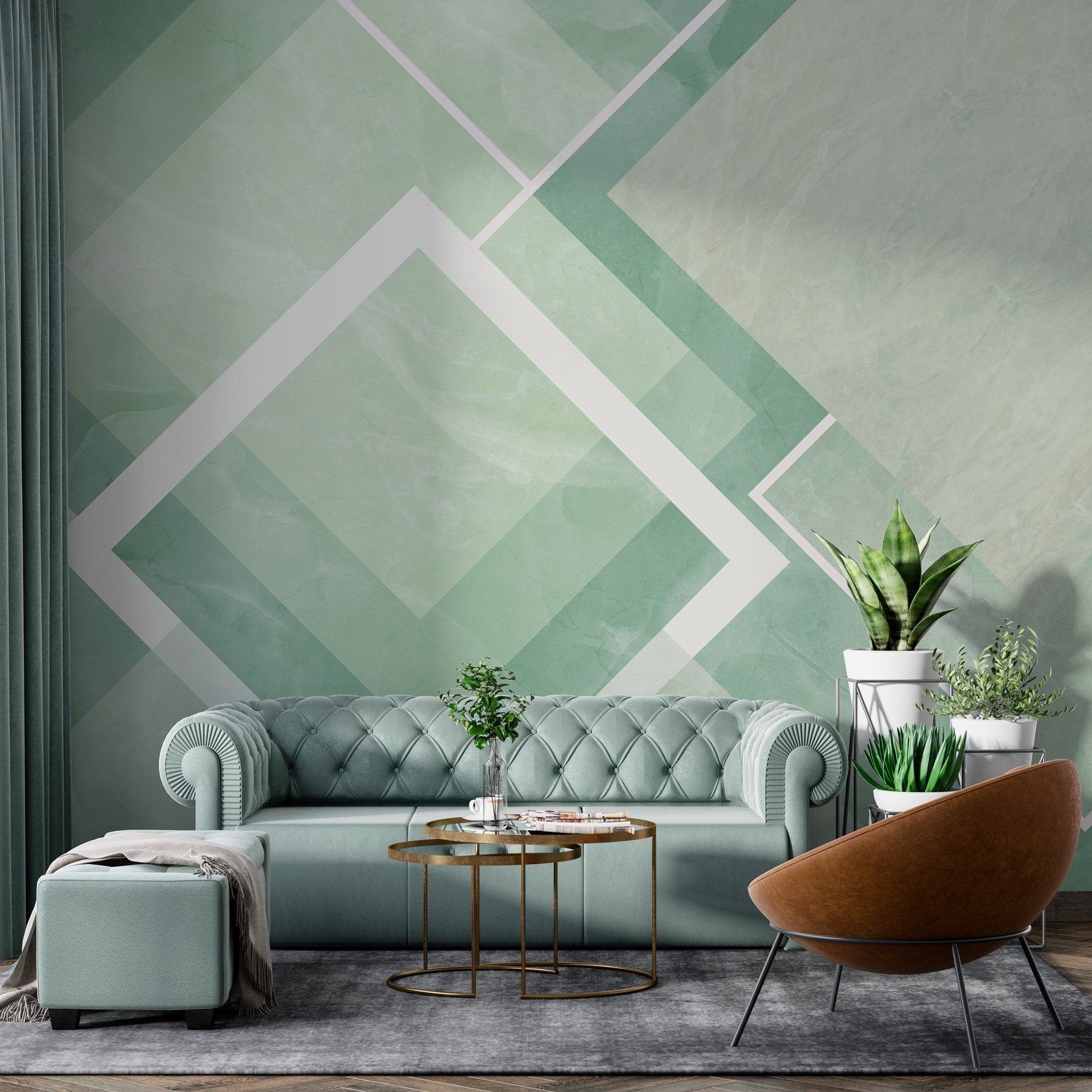Green and white tile with white lines