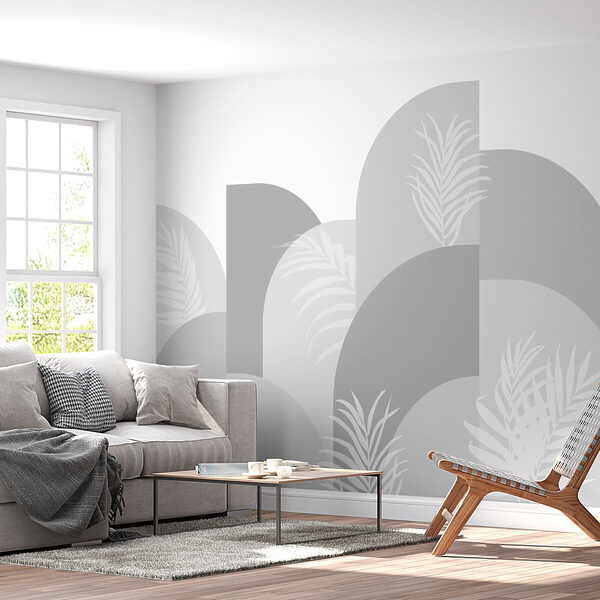 Grey and white background with white leaves Grey and white background with white leaves
