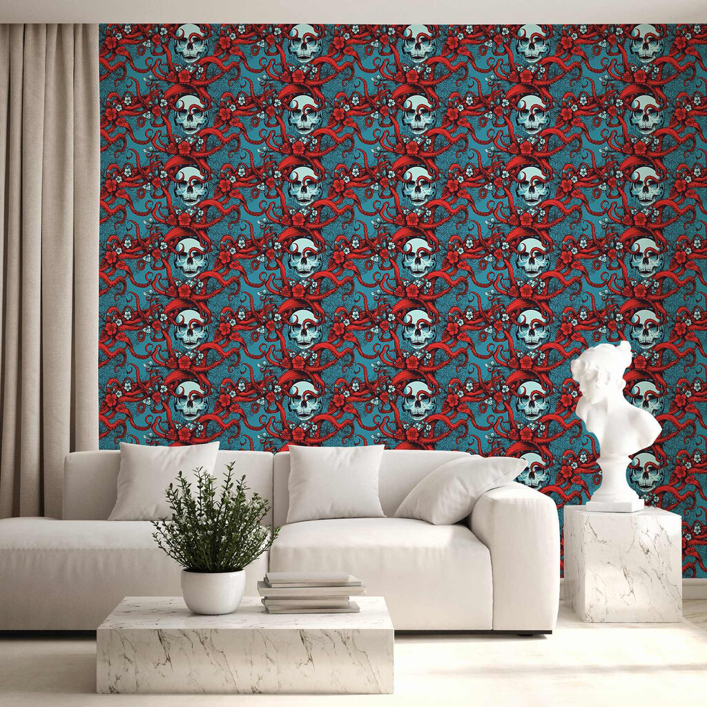 Pattern of skulls in red hats Pattern of skulls in red hats