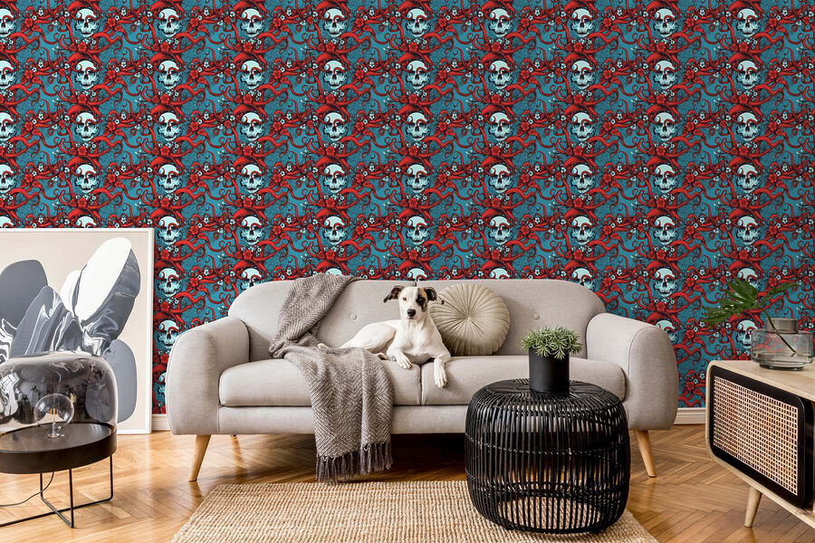 Wall murals Pattern of skulls in red hats - Image 3