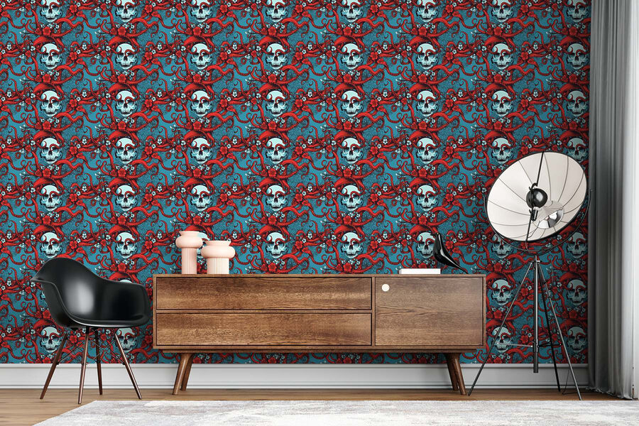 Wall murals Pattern of skulls in red hats - Image 5