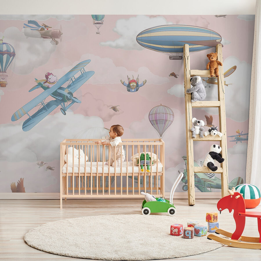 Wallpaper with airplanes and hot air balloons